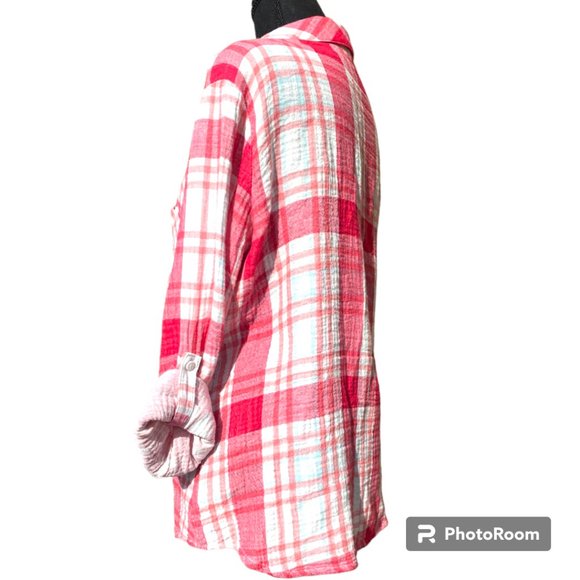 Sanctuary Anthro Women's The Tomboy pink and white plaid crinkly button down M - Picture 6 of 11